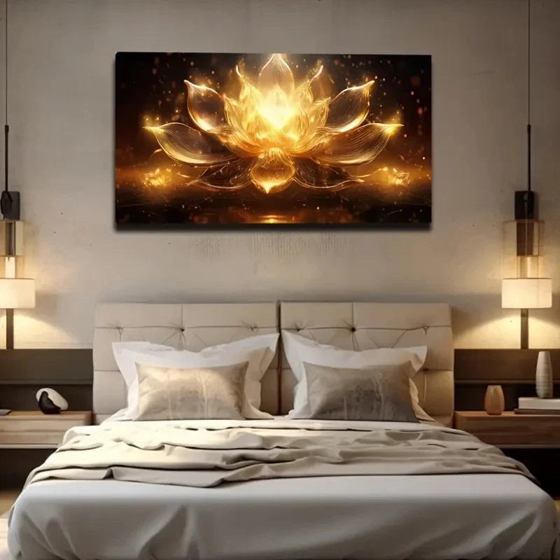 Illuminated Golden For Lotus Wall Art Canvas Office Home Room Framed 120x60cm