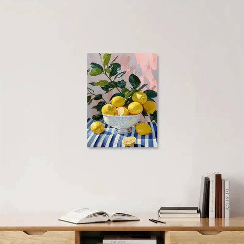 Yellow Lemon & Blue White Tablecloths Painting 60x90cm Metal Print Ready to Hang