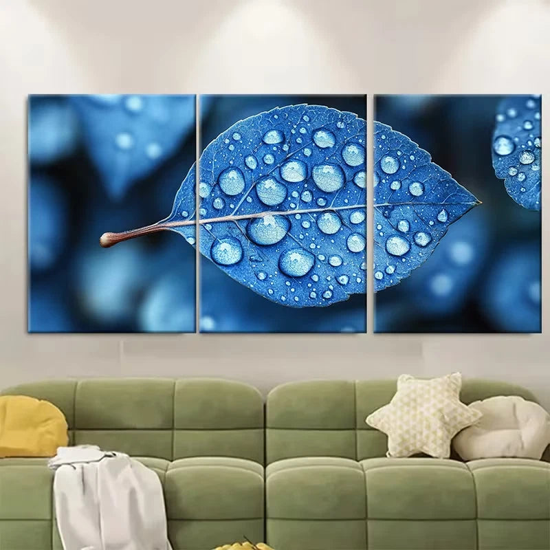 3pcs Water Droplets on Blue Skeleton Leaf Metal Print Ready to Hang Art