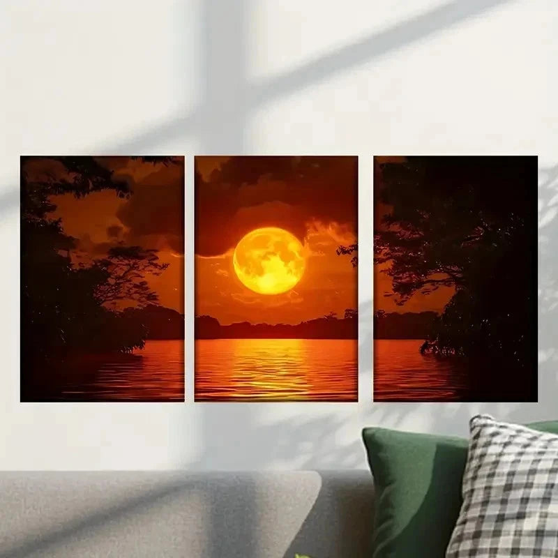 3pcs Abstract Moon Above a Lake Wall Art Set Canvas Framed 50x70cm - High Quality Print 100% Australian Made Wall Canvas Ready to Hang - Bella Home Decor