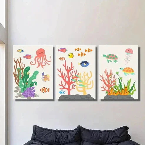 3pcs Colorful Sea Creatures in Ocean Ecosystem Wall Art Canvas Unframed – High Quality Print 100% Australian Made Wall Canvas - Bella Home Decor