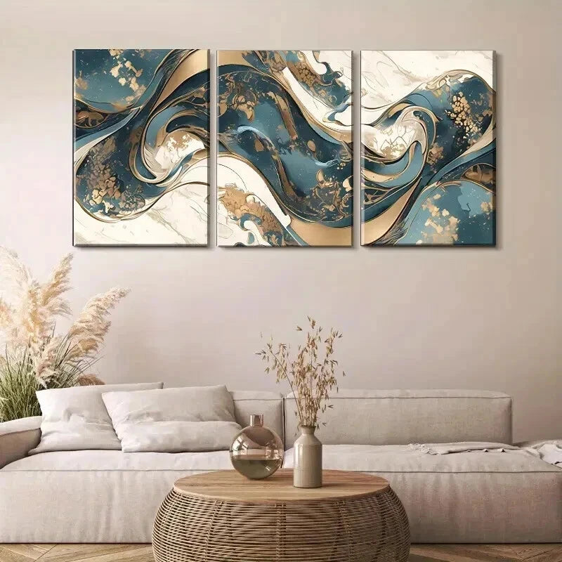 3pcs Golden & White Waves Dynamic Perfect Wall Art Set Canvas Framed 60x90cm - High Quality Print 100% Australian Made Wall Canvas Ready to Hang - Bella Home Decor