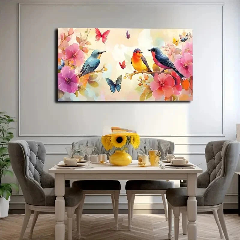 Vibrant Three Birds Perched Wall Art Canvas Office Home Room Framed 120x60cm - Bella Home Decor