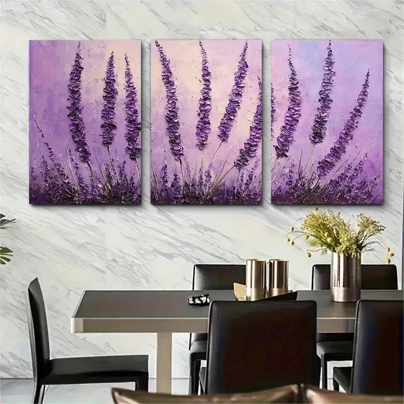 3pcs Lavender Flower Purple Floral Perfect Wall Art Set Canvas Framed 60x90cm - High Quality Print 100% Australian Made Wall Canvas Ready to Hang