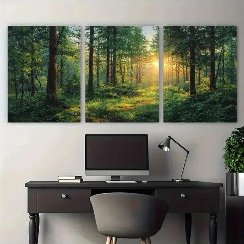 Three-panel forest painting above a desk with a computer setup.