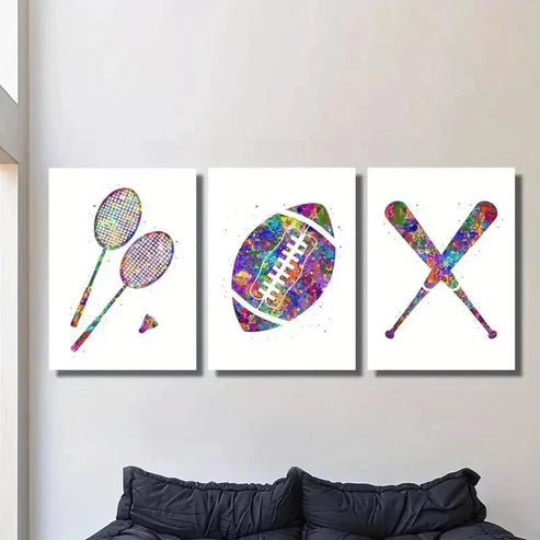 3pcs Rainbow Badminton Football Baseball Wall Art Canvas Unframed - High Quality Print 100% Australian Made Wall Canvas