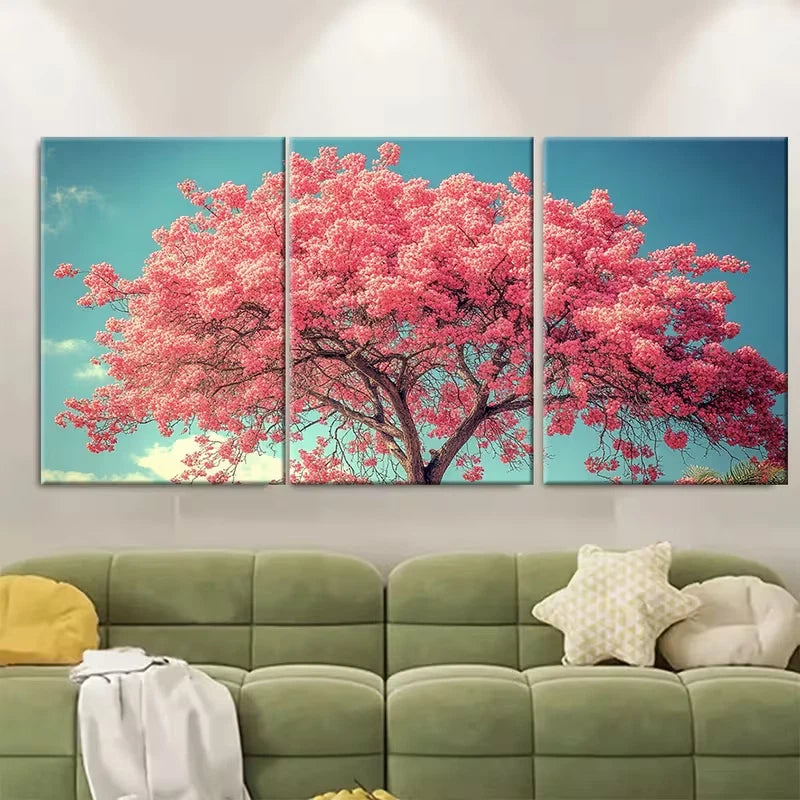 3pcs Majestic Pink Blossom Tree Nature Photography Metal Print Ready to Hang Art