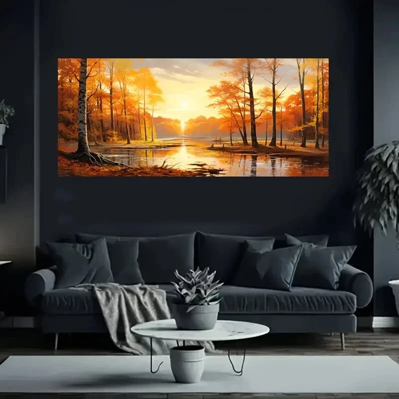 River Scene Trees & Sunset wall canvas office home room framed 120x60cm - Bella Home Decor