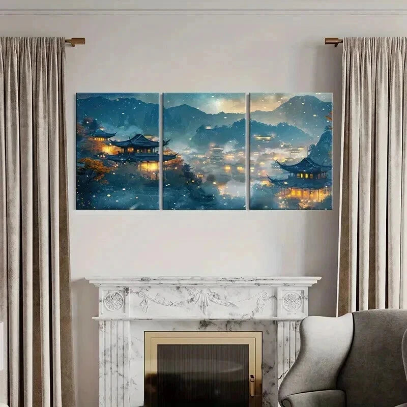 3pcs Retro Chinese Traditional Architecture Wall Art Set Canvas Framed 50x70cm - High Quality Print 100% Australian Made Wall Canvas Ready to Hang - Bella Home Decor