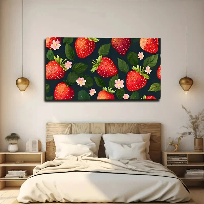 Vibrant Red Strawberries Green Wall Art Canvas Office Home Room Framed 120x60cm