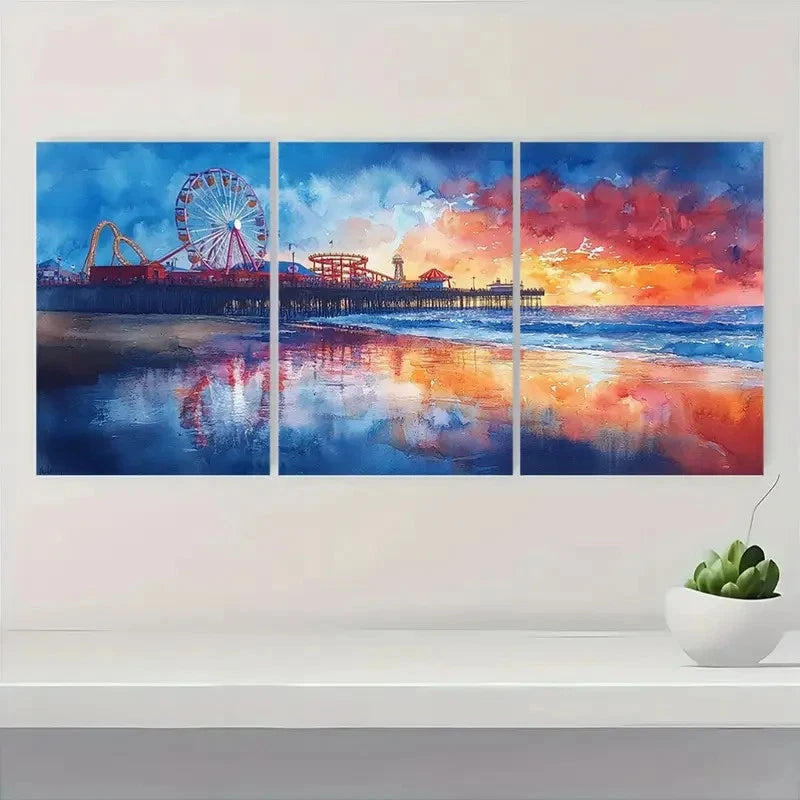 3pcs Vibrant Ferris Wheel & Sunset Beach FR Wall Art Set Canvas Framed 40x60cm - High Quality Print 100% Australian Made Wall Canvas Ready to Hang - Bella Home Decor