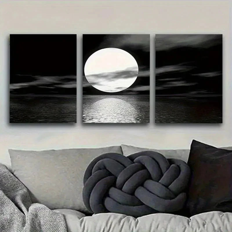 3pcs Moon Over Calm Waters Wall Art Set Canvas Framed 40x60cm - High Quality Print 100% Australian Made Wall Canvas Ready to Hang - Bella Home Decor