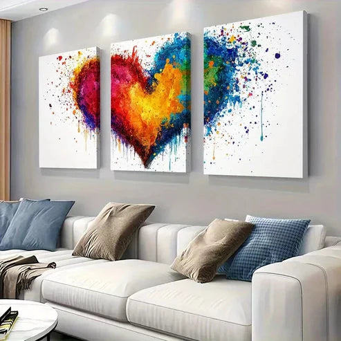 3pcs Modern Vibrant Abstract Colorful Heart Wall Art Set Canvas Unframed - High Quality Print 100% Australian Made Wall Canvas