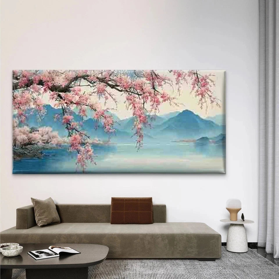 Cherry Blossom & Mount Fuji Wall Art Canvas Office Home Room Framed 120x60cm
