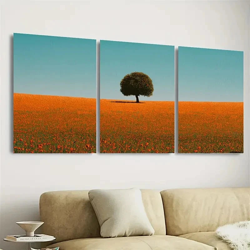 3pcs Tree in a Field Landscape Wall Art Set Canvas Framed 50x70cm - High Quality Print 100% Australian Made Wall Canvas Ready to Hang