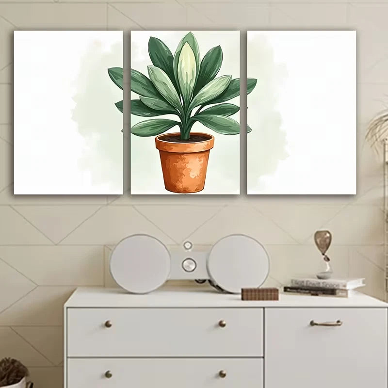 3pcs Green Leaves Terracotta Planter Painting Wall Art Set Canvas Framed 50x70cm – High Quality Print 100% Australian Made Wall Canvas Ready to Hang