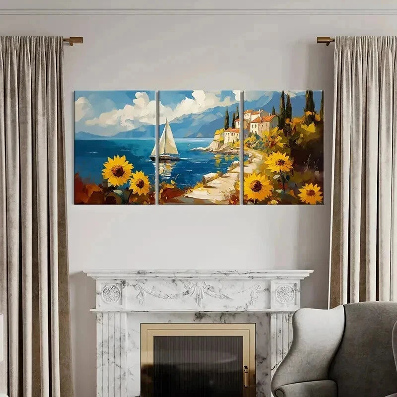 3pcs Island Scenery Sailing Boat Sunflowers Wall Art Set Canvas Framed 40x60cm - High Quality Print 100% Australian Made Wall Canvas Ready to Hang - Bella Home Decor