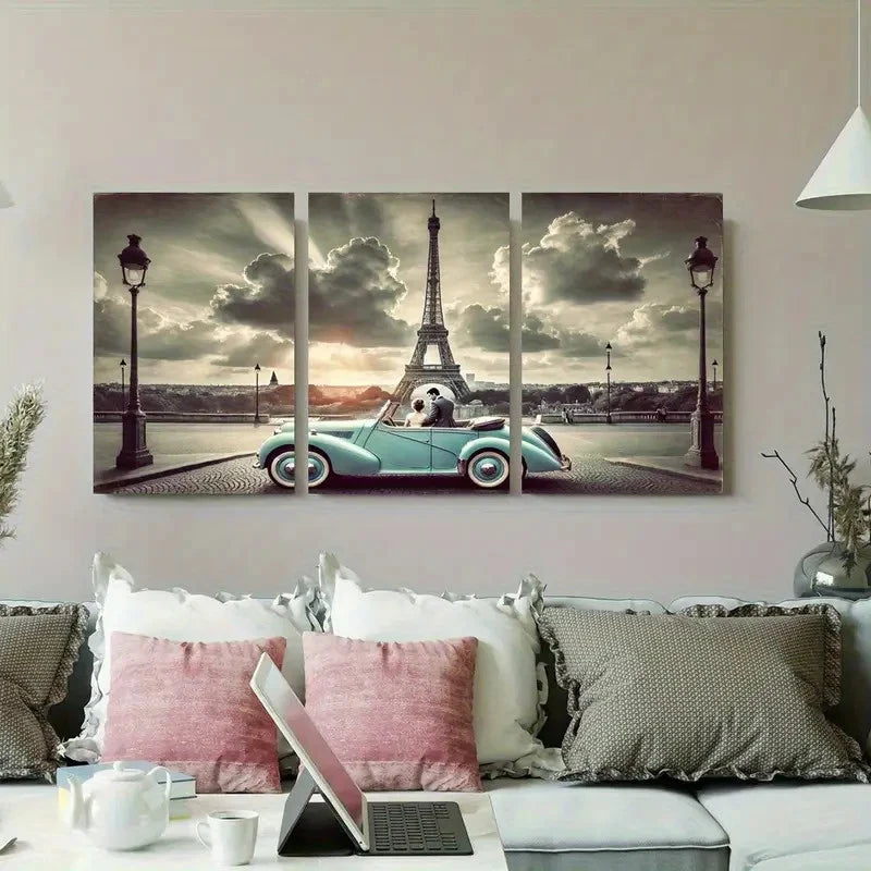 3pcs Eiffel Tower Vintage Car Wall Art Set Canvas Framed 50x70cm - High Quality Print 100% Australian Made Wall Canvas Ready to Hang - Bella Home Decor