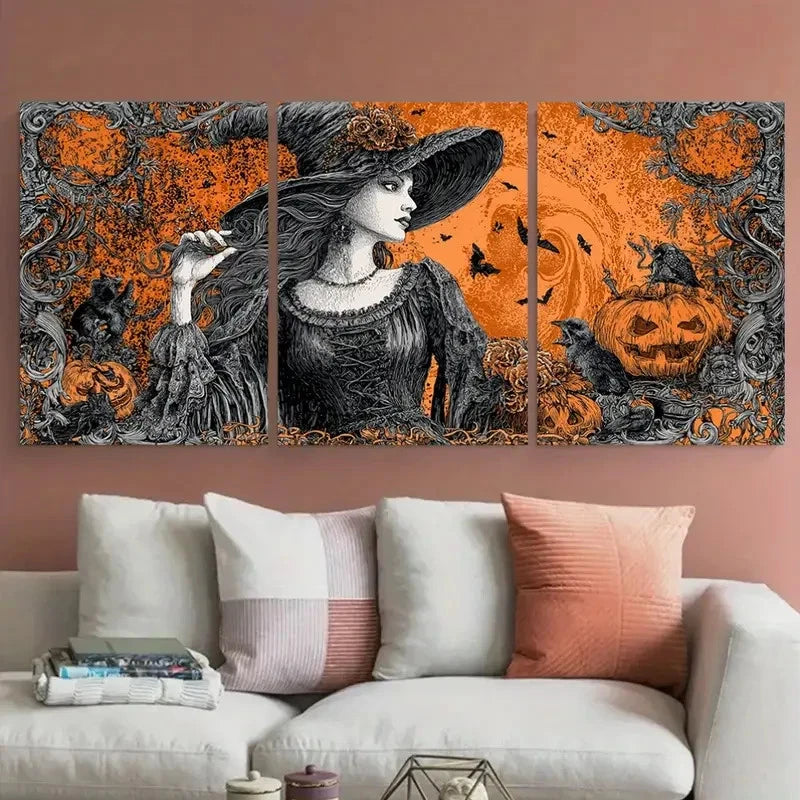 3pcs Vintage Halloween Witch Dark Trendy Perfect Wall Art Set Canvas Framed 60x90cm - High Quality Print 100% Australian Made Wall Canvas Ready to Hang