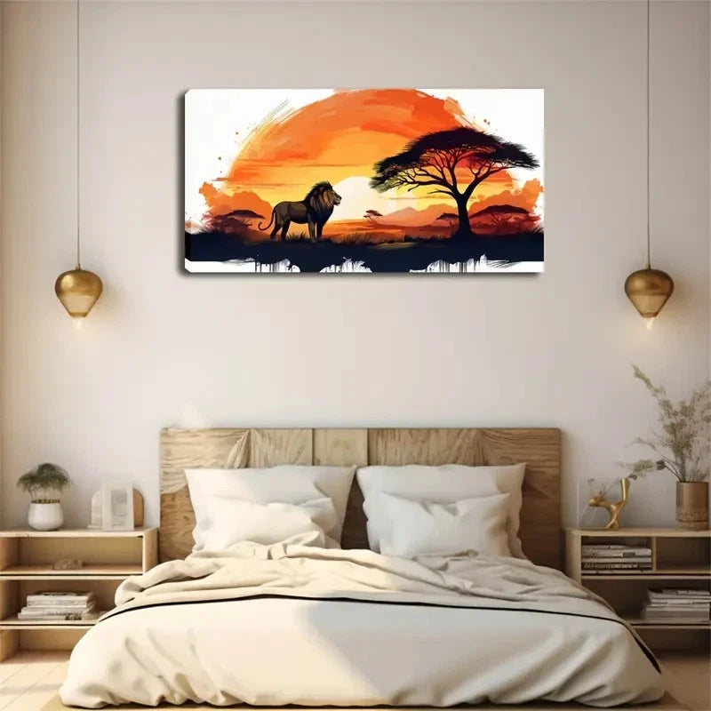 Lone Lion Under Sunset Wall Art Canvas Office Home Room Framed 120x60cm