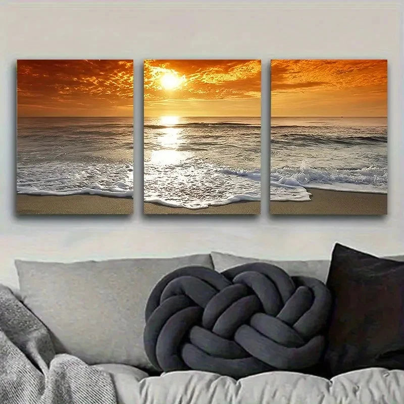 3pcs Ocean Sunset Panorama Wall Art Set Canvas Framed 40x60cm - High Quality Print 100% Australian Made Wall Canvas Ready to Hang