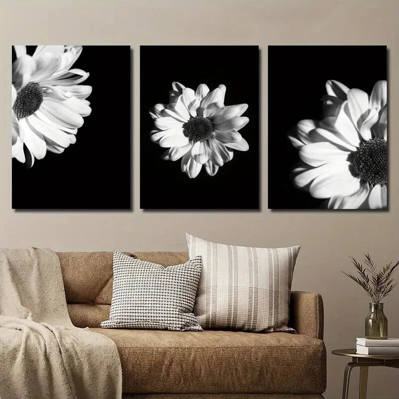 3pcs Elegant Black & White Gerbera Floral Wall Art Set Canvas Framed 60x90cm - High Quality Print 100% Australian Made Wall Canvas Ready to Hang