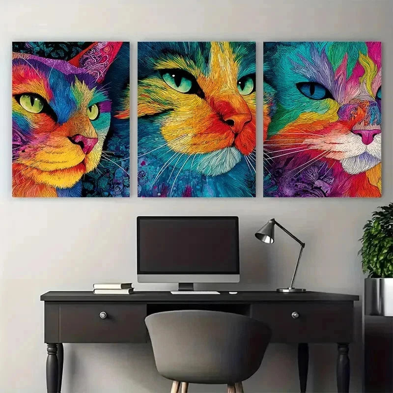 3pcs Colorful Abstract Feline Portraits Perfect Wall Art Set Canvas Framed 50x70cm - High Quality Print 100% Australian Made Wall Canvas Ready to Hang - Bella Home Decor