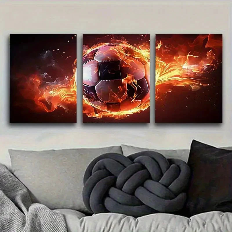 3pcs Fiery Soccer Ball Artwork Wall Art Set Canvas Framed 60x90cm - High Quality Print 100% Australian Made Wall Canvas Ready to Hang