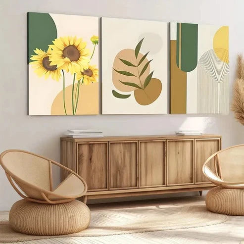 3pcs Sunflower Boho Style Green Leaves Yellow Wall Art Canvas Unframed - High Quality Print 100% Australian Made Wall Canvas