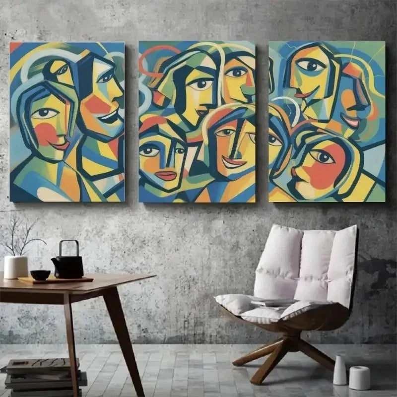 3pcs Abstract Faces, Geometric Shapes Wall Art Set Canvas Framed 60x90cm - High Quality Print 100% Australian Made Wall Canvas Ready to Hang - Bella Home Decor