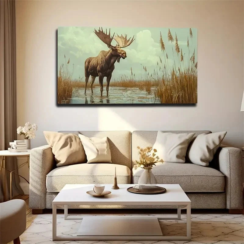Majestic Moose In Natural Habit Wall cArt Canvas Office Home Room Framed 120x60cm