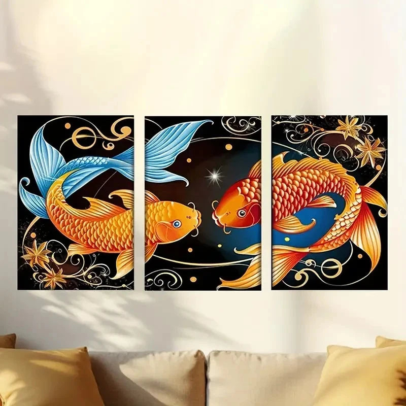 3pcs two Golden fish in black background Wall Art Set Canvas Framed 60x90cm - High Quality Print 100% Australian Made Wall Canvas Ready to Hang - Bella Home Decor
