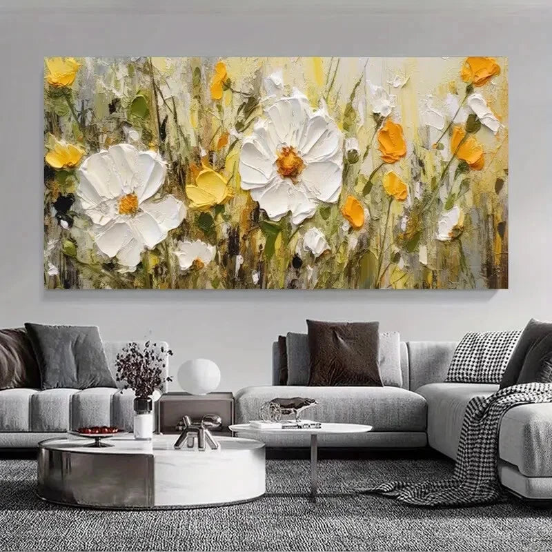 White and Yellow Flowers wall canvas office home room framed 120x60cm - Bella Home Decor