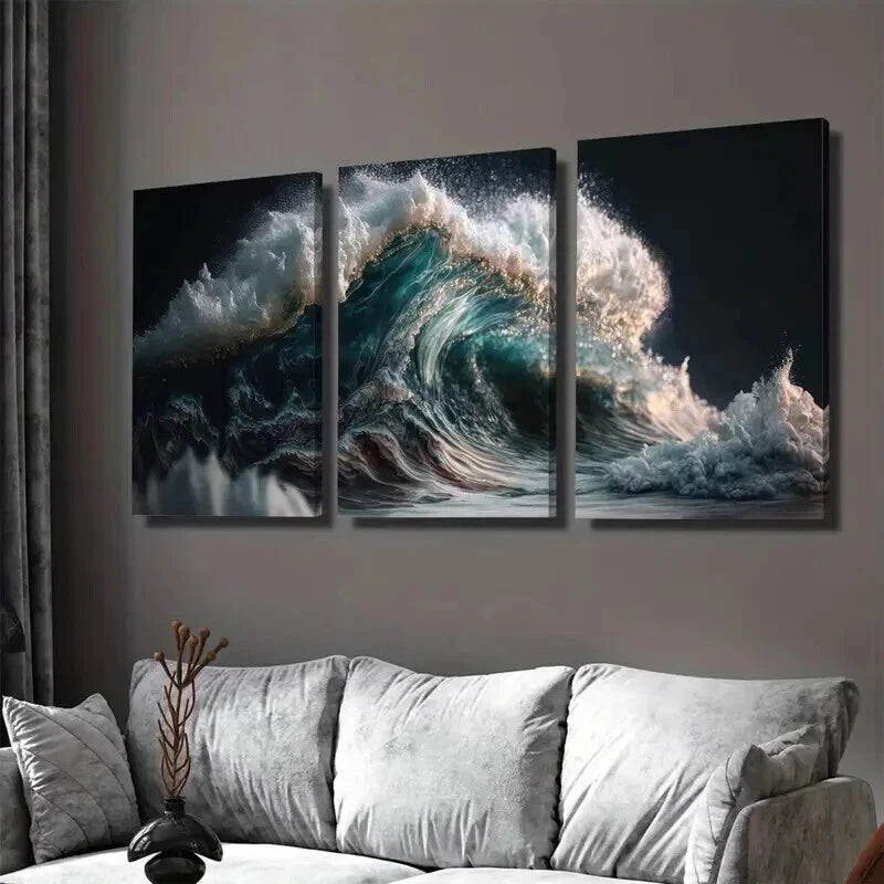 3pcs Ocean Wave Triptych Blue Sea Wall Art Set Canvas Framed 50x70cm - High Quality Print 100% Australian Made Wall Canvas Ready to Hang