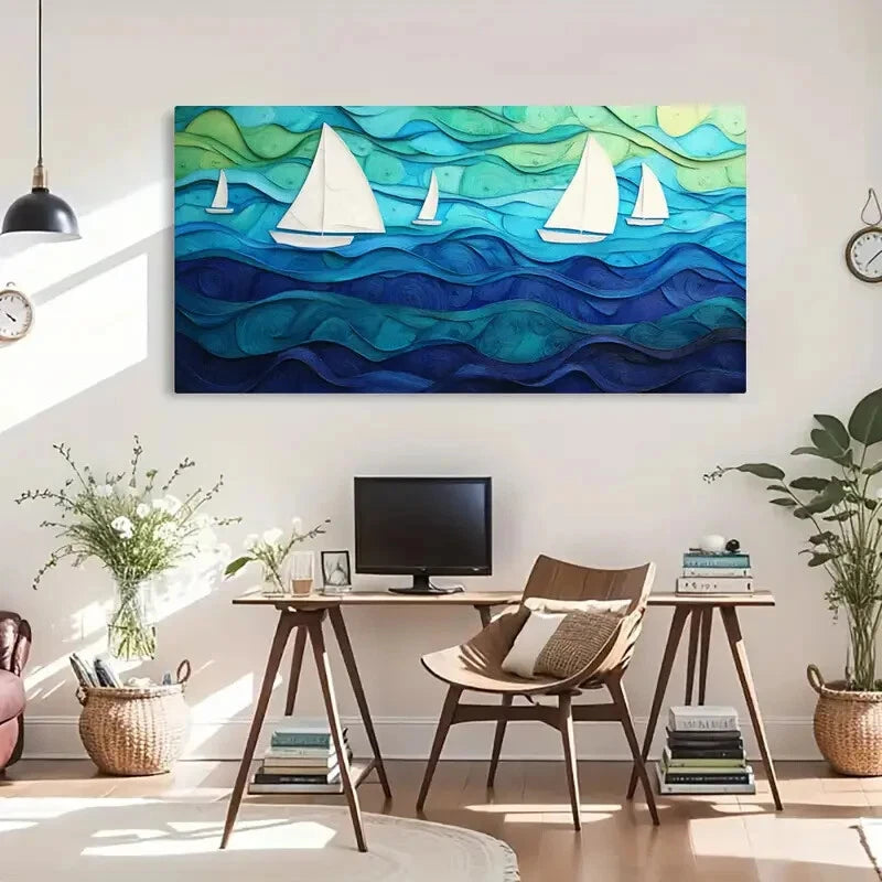 Sea Waves Vibrant Blue Décor Wall Art Canvas Office Home Room Framed 120x60cm - Bella Home Decor