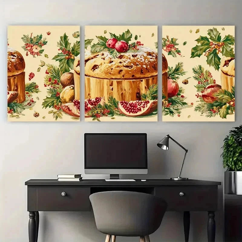 3pcs Buon Natale Panettone Painted Perfect Wall Art Set Canvas Framed 50x70cm - High Quality Print 100% Australian Made Wall Canvas Ready to Hang - Bella Home Decor