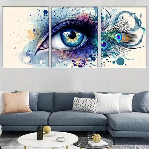 3pcs Vibrant Abstract Eye & Peacock Feather Wall Art Canvas Unframed - High Quality Print 100% Australian Made Wall Canvas