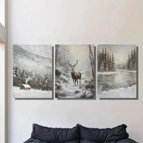 3pcs Retro Winter Landscape & Reindeer Wall Art Canvas Unframed - High Quality Print 100% Australian Made Wall Canvas