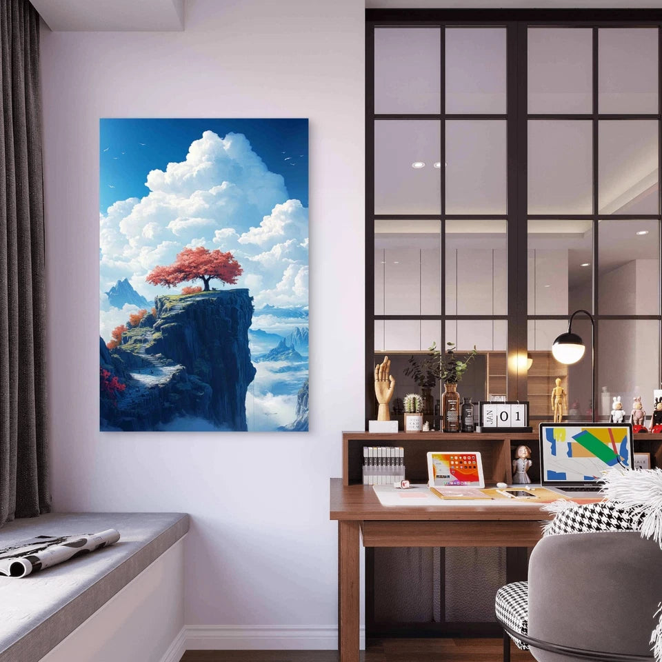 Majestic Red Tree Cliff With Clouds 40x60cm Metal Print Ready to Hang
