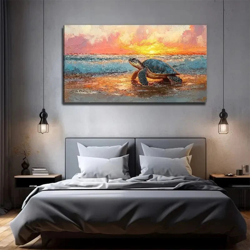 Sunset Beach Turtle Scene Wall Art Canvas Office Home Room Framed 120x60cm