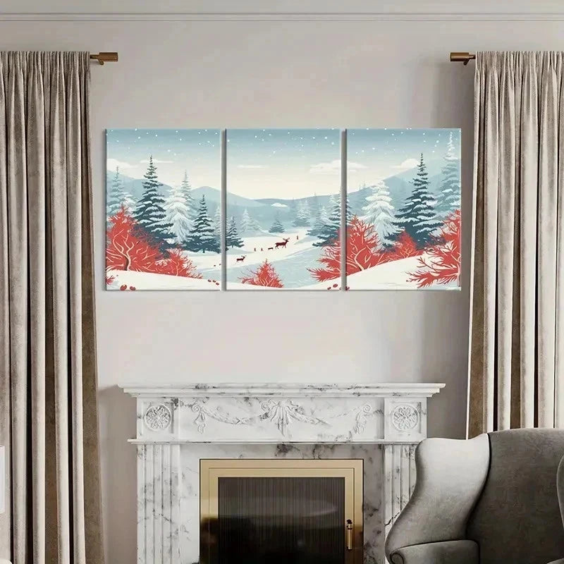 3pcs Snow Scene with Elk Modern Decor Wall Art Set Canvas Framed 60x90cm - High Quality Print 100% Australian Made Wall Canvas Ready to Hang