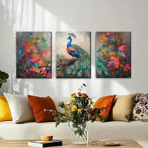 3pcs Colorful Peacock and Floral Plumage Perfect Wall Art Canvas Unframed - High Quality Print 100% Australian Made Wall Canvas - Bella Home Decor