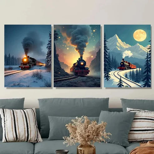 3pcs Vintage Train Triptych Snowy Moonlit Night Wall Art Set Canvas Unframed - High Quality Print 100% Australian Made Wall Canvas
