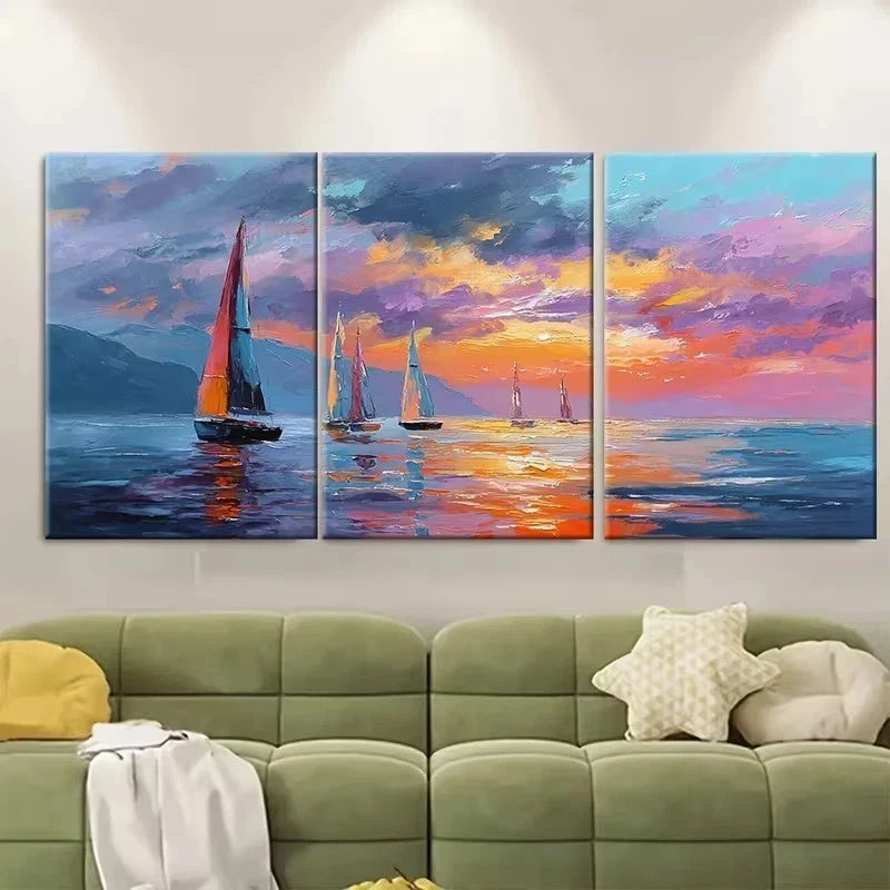 3pcs Coastal Sunset Orange Sailboat Wall Art Set Canvas Framed 40x60cm - High Quality Print 100% Australian Made Wall Canvas Ready to Hang - Bella Home Decor
