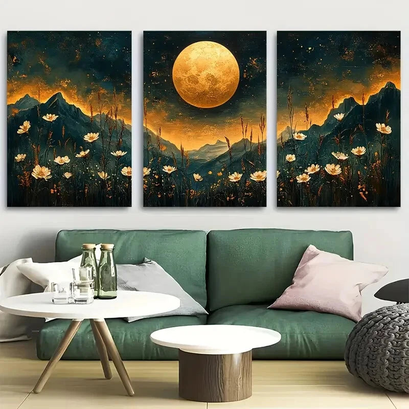 3pcs Full Moon Floral Night Sky White Perfect Wall Art Set Canvas Framed 60x90cm - High Quality Print 100% Australian Made Wall Canvas Ready to Hang - Bella Home Decor