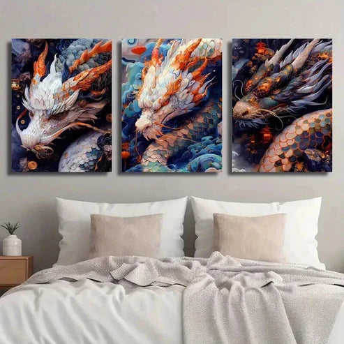 3pcs Gorgeous Oriental Dragon Decorative Wall Art Set Canvas Unframed - High Quality Print 100% Australian Made Wall Canvas - Bella Home Decor