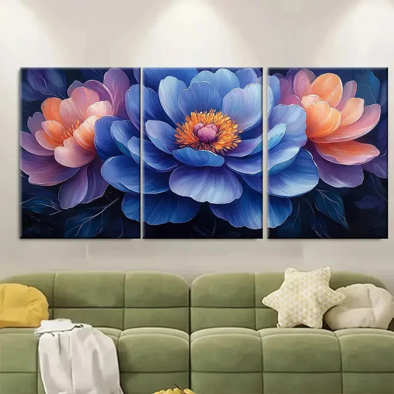 3pcs Blue Violet Peony Floral Abstract Perfect Wall Art Set Canvas Framed 60x90cm - High Quality Print 100% Australian Made Wall Canvas Ready to Hang - Bella Home Decor