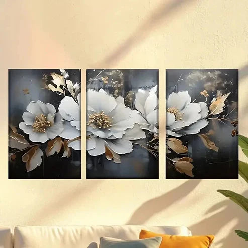 3pcs White Flower with Golden Leaves Wall Art Canvas Unframed – High Quality Print 100% Australian Made Wall Canvas