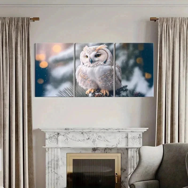 3pcs Snowy Owl in Forest Scene Decor Wall Art Set Canvas Framed 60x90cm - High Quality Print 100% Australian Made Wall Canvas Ready to Hang