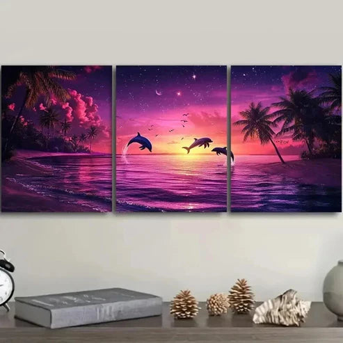 3pcs Dolphin Silhouette Under Purple Sky Perfect Wall Art Set Canvas Unframed - High Quality Print 100% Australian Made Wall Canvas - Bella Home Decor